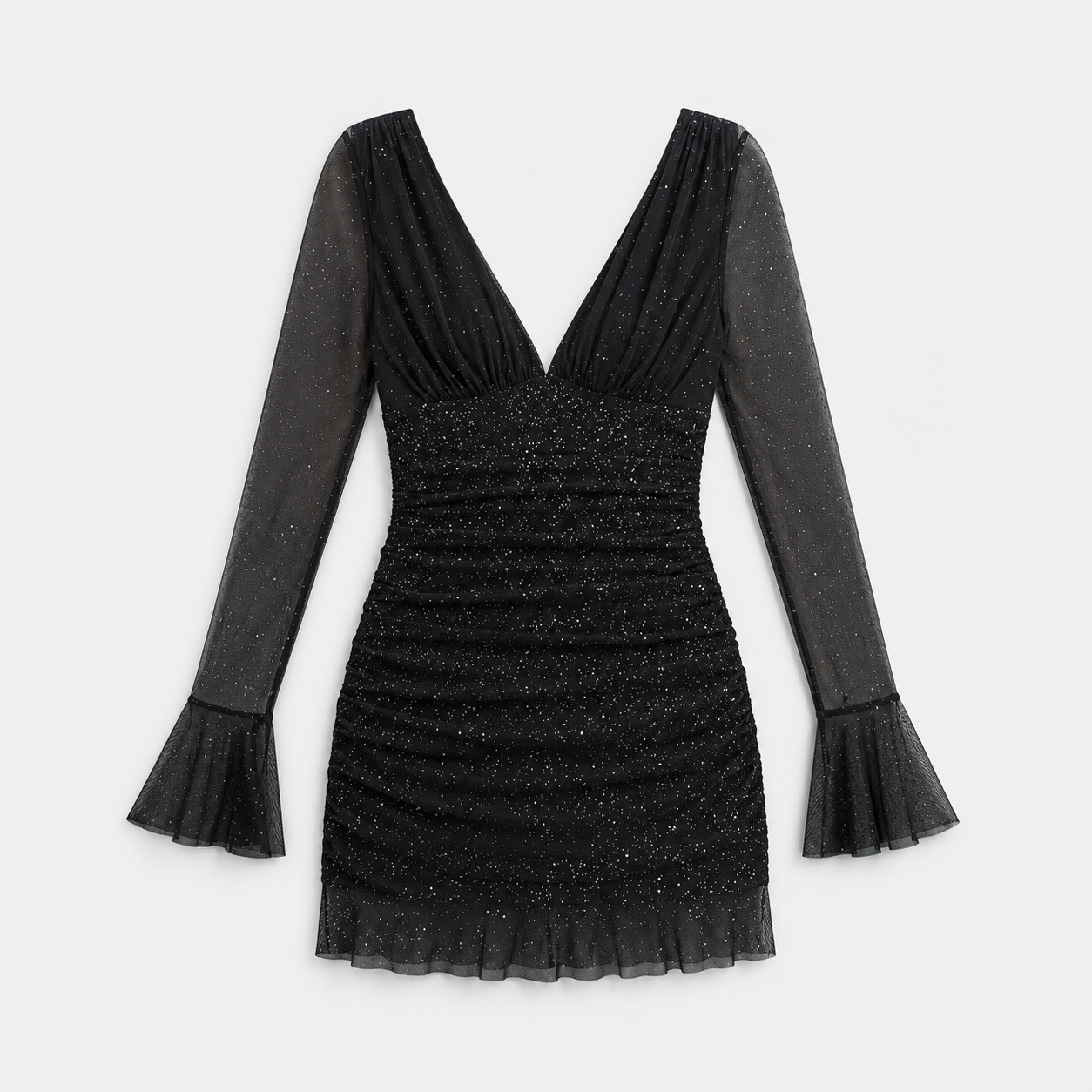 Aurielle – Vestido mini con brillo, escote en V y mangas con volantes para mujer