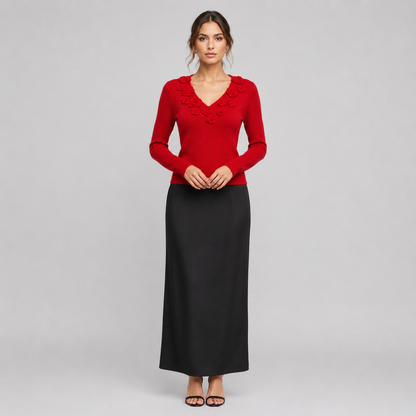 Florencia – Top de punto ceñido con escote en V y flores 3D para mujer
