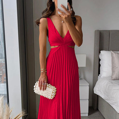 Vestido midi con escote en V y falda plisada para invitada de boda – CLAIRE ÉCLAT
