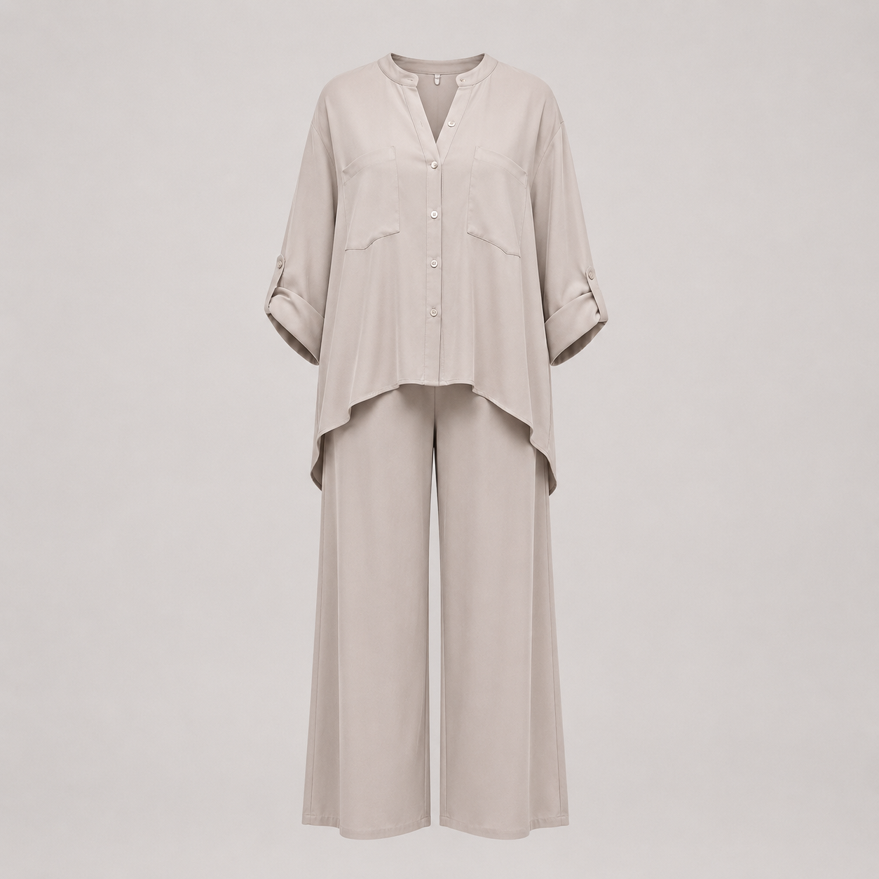 Ava – Conjunto casual de dos piezas con camisa de botones y pantalones de pierna ancha para mujer