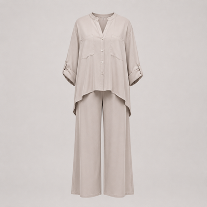 Ava – Conjunto casual de dos piezas con camisa de botones y pantalones de pierna ancha para mujer