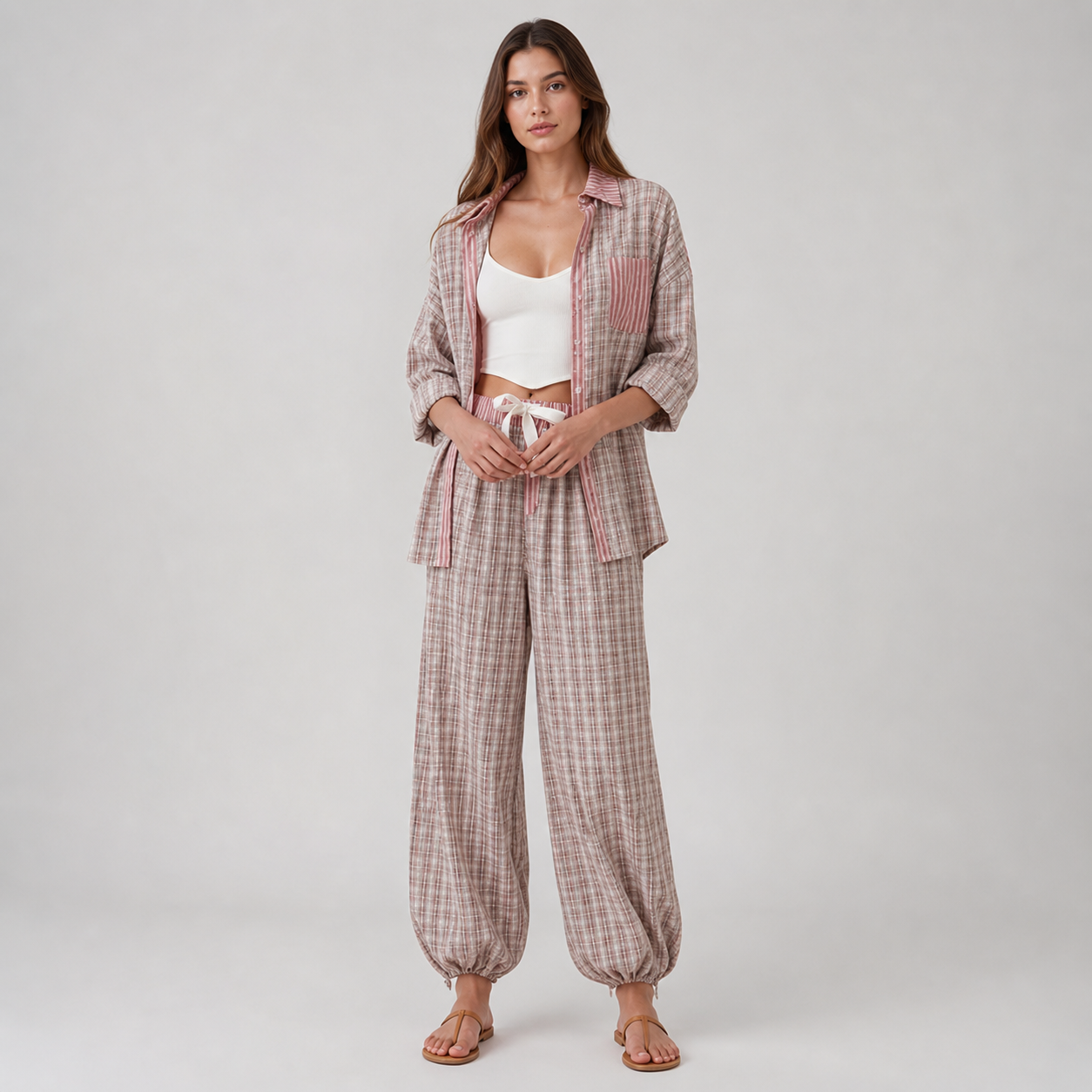 COSYCOTTON – Conjunto de blusa de dos piezas para mujer, confeccionado en algodón suave y elástico.
