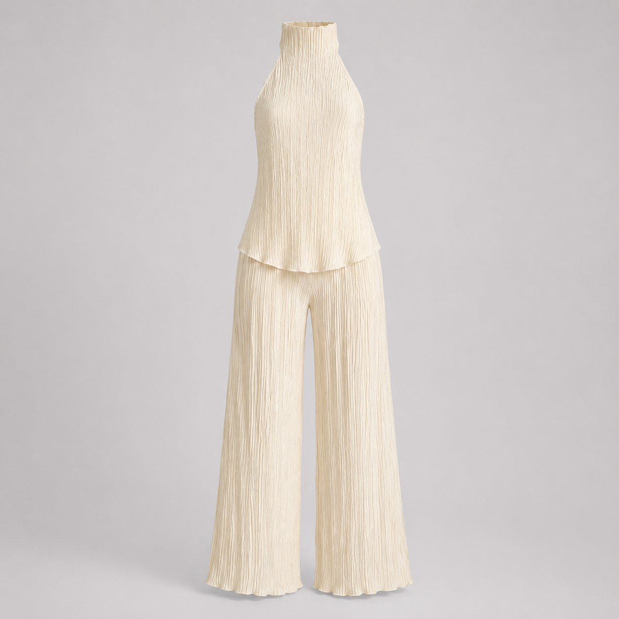 Seraphina – Mono elegante de pierna ancha con cuello halter y pliegues para mujer