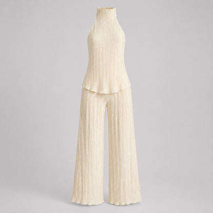 Seraphina – Mono elegante de pierna ancha con cuello halter y pliegues para mujer