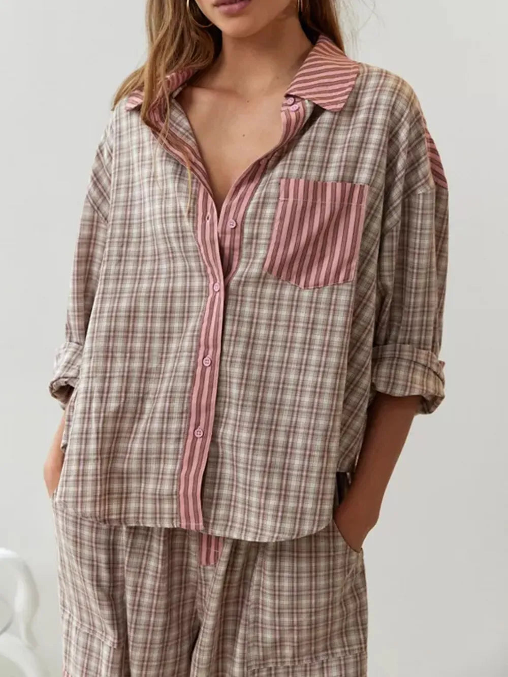 COSYCOTTON – Conjunto de blusa de dos piezas para mujer, confeccionado en algodón suave y elástico.