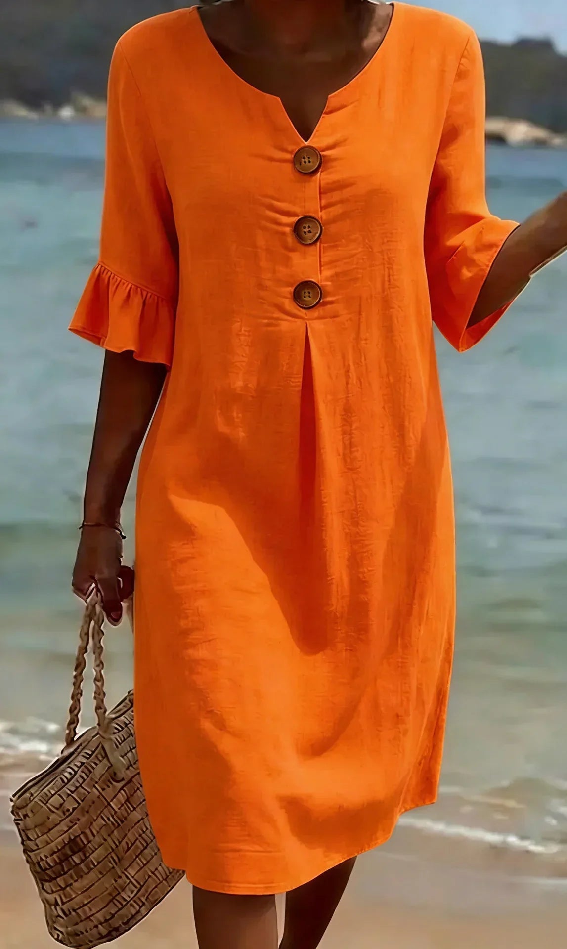 Vestido de lino con manga abullonada para mujer - fresco y elegante