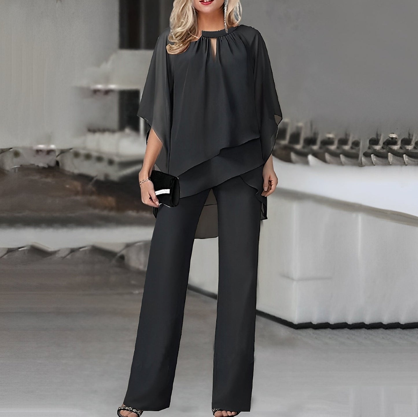 Celestina – Conjunto elegante de dos piezas con top de capa fluida y pantalones de pierna ancha para mujer