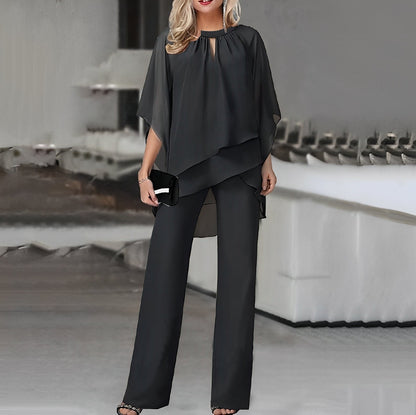 Celestina – Conjunto elegante de dos piezas con top de capa fluida y pantalones de pierna ancha para mujer