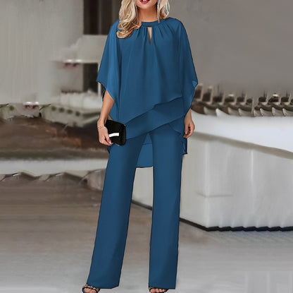 Celestina – Conjunto elegante de dos piezas con top de capa fluida y pantalones de pierna ancha para mujer