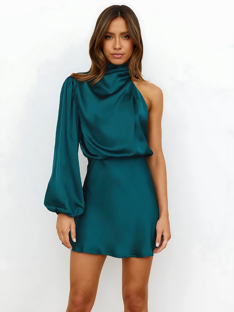 MADDIE – Elegante vestido de noche satinado con un solo hombro para mujer