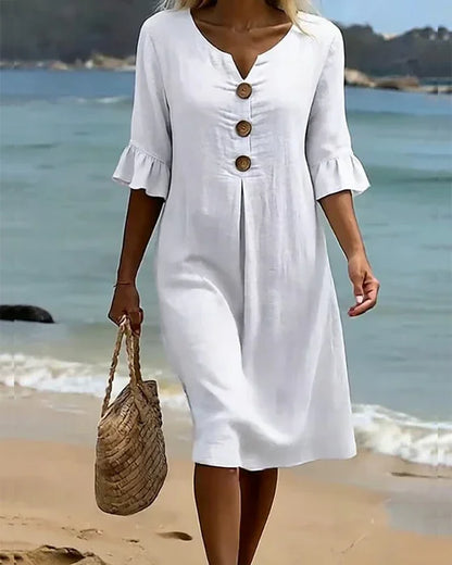 Vestido de lino con manga abullonada para mujer - fresco y elegante