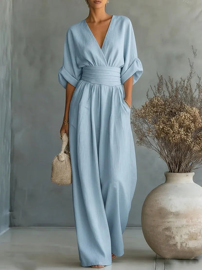 Mono mujer elegante escote V – mono pantalón ancho cintura alta