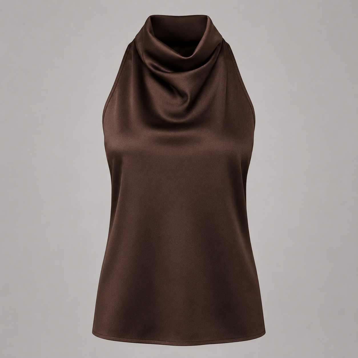 SERENA – Top satinado de tirante halter en marrón