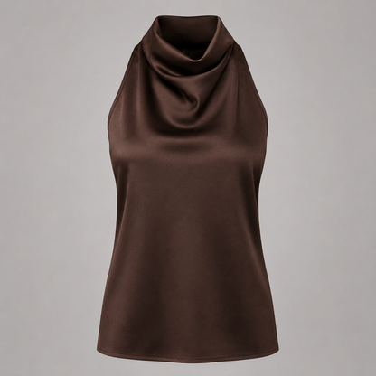 SERENA – Top satinado de tirante halter en marrón