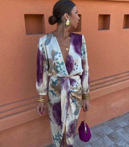 Vestido mujer elegante escote V – vestido midi fluido con cinturón