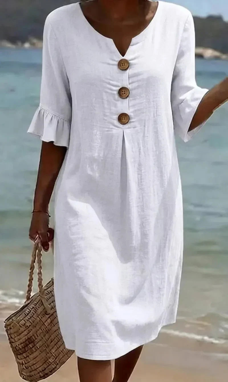 Vestido de lino con manga abullonada para mujer - fresco y elegante