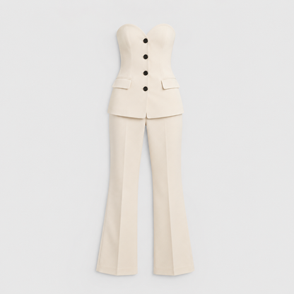 Verona – Conjunto elegante de blazer sin tirantes con botones y pantalón de pierna ancha para mujer