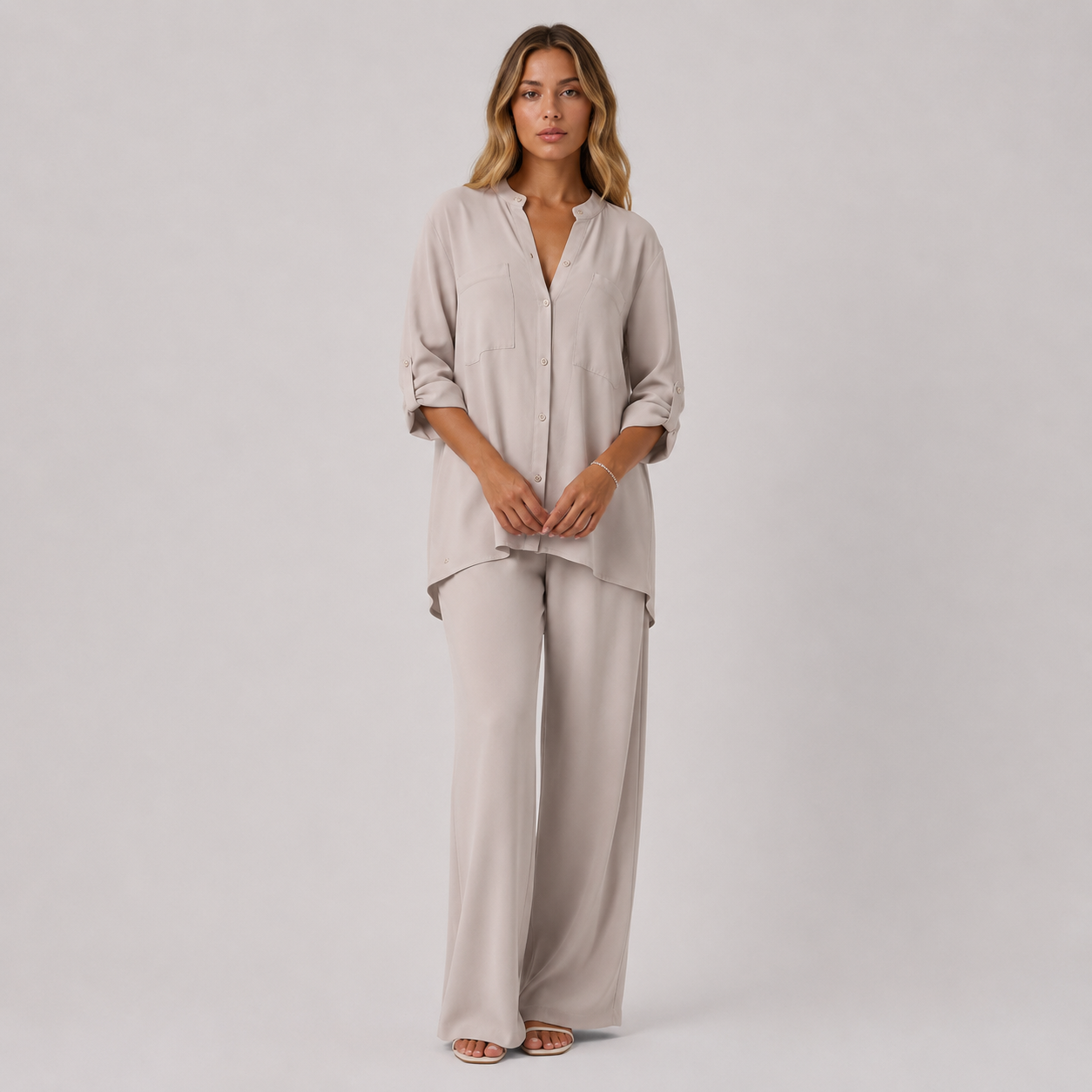 Ava – Conjunto casual de dos piezas con camisa de botones y pantalones de pierna ancha para mujer