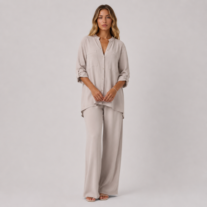 Ava – Conjunto casual de dos piezas con camisa de botones y pantalones de pierna ancha para mujer