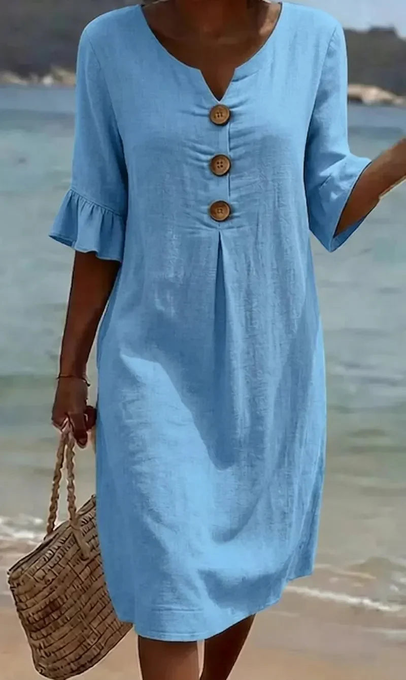 Vestido de lino con manga abullonada para mujer - fresco y elegante