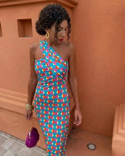 Andrea | Vestido midi de verano asimétrico de un solo hombro