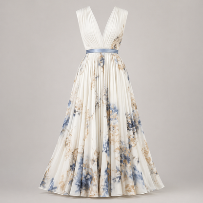 Vestido largo floral con escote en V y falda plisada para invitada de boda – FLORENCE VÉRA
