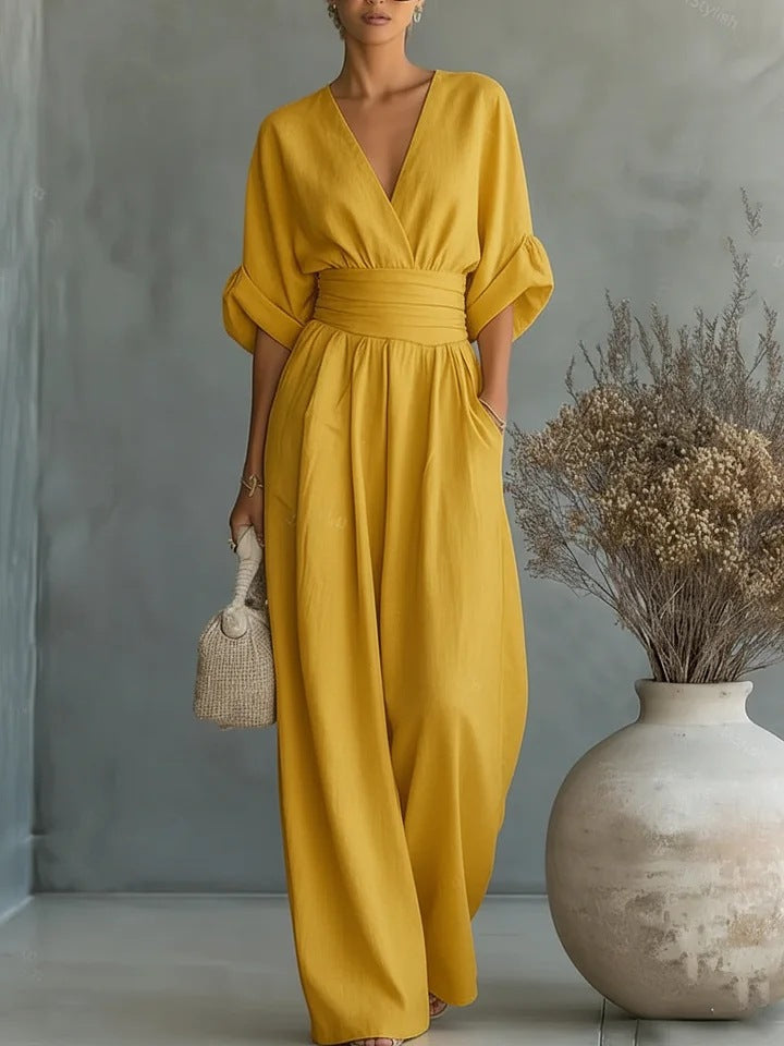 Mono mujer elegante escote V – mono pantalón ancho cintura alta
