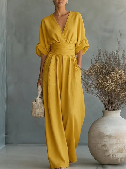 Mono mujer elegante escote V – mono pantalón ancho cintura alta