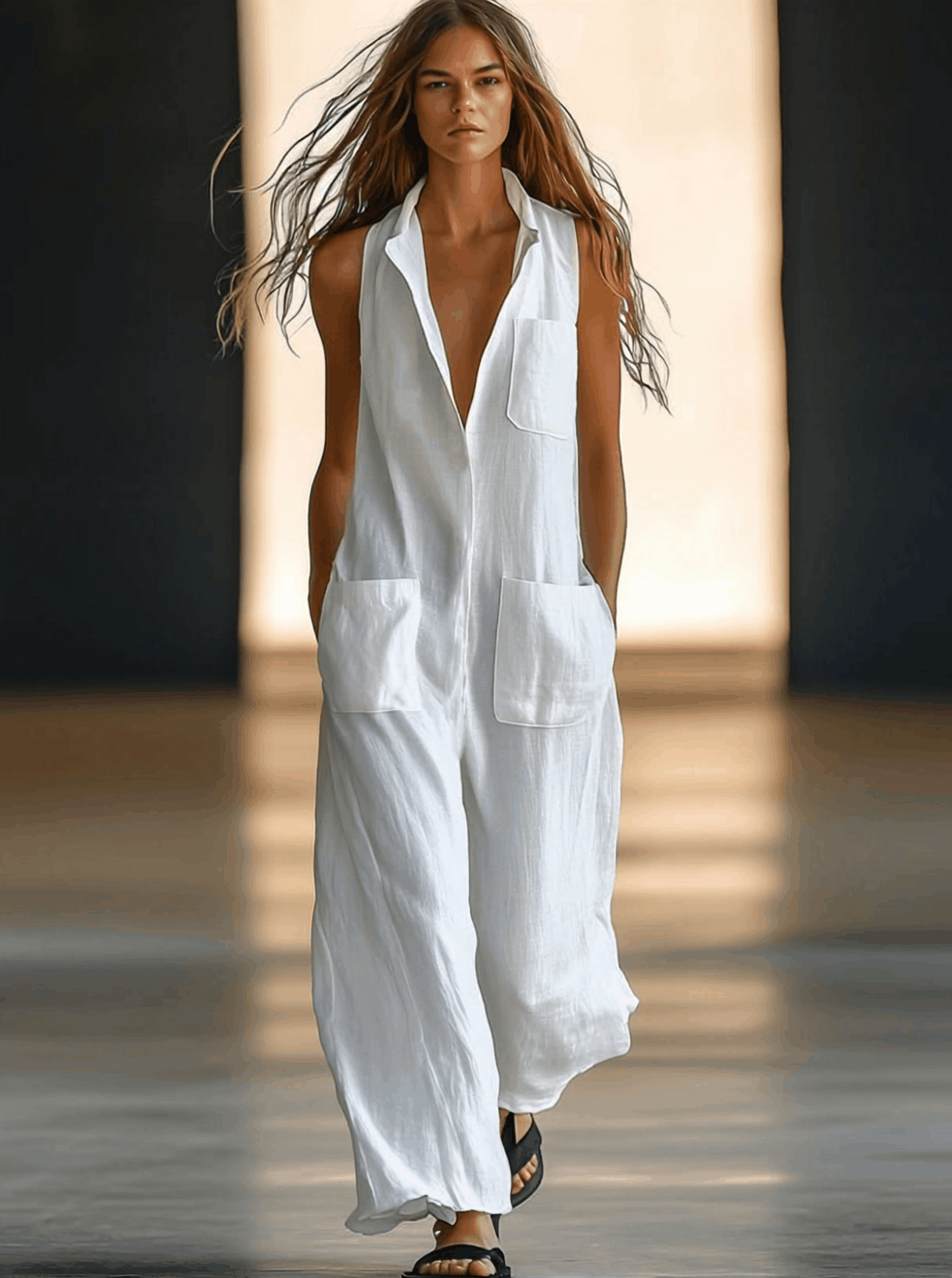 Agustina | Mujer Mono Lino Blanco Sin Mangas Pata Ancha