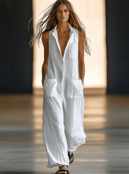 Agustina | Mujer Mono Lino Blanco Sin Mangas Pata Ancha
