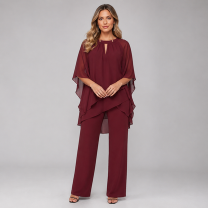 Celestina – Conjunto elegante de dos piezas con top de capa fluida y pantalones de pierna ancha para mujer