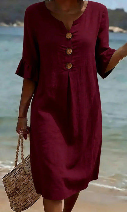 Vestido de lino con manga abullonada para mujer - fresco y elegante