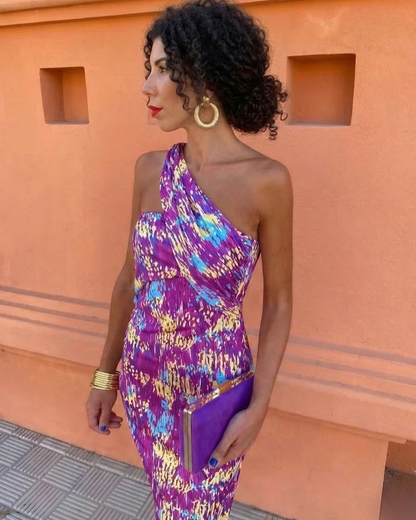 Andrea | Vestido midi de verano asimétrico de un solo hombro