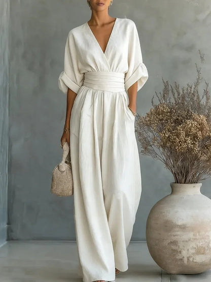 Mono mujer elegante escote V – mono pantalón ancho cintura alta