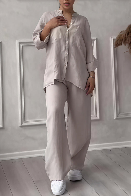 Ava – Conjunto casual de dos piezas con camisa de botones y pantalones de pierna ancha para mujer