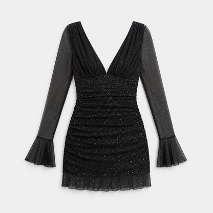 Aurielle – Vestido mini con brillo, escote en V y mangas con volantes para mujer