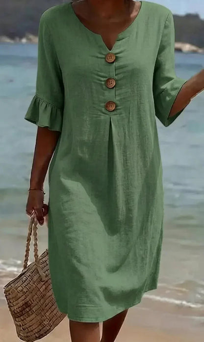 Vestido de lino con manga abullonada para mujer - fresco y elegante