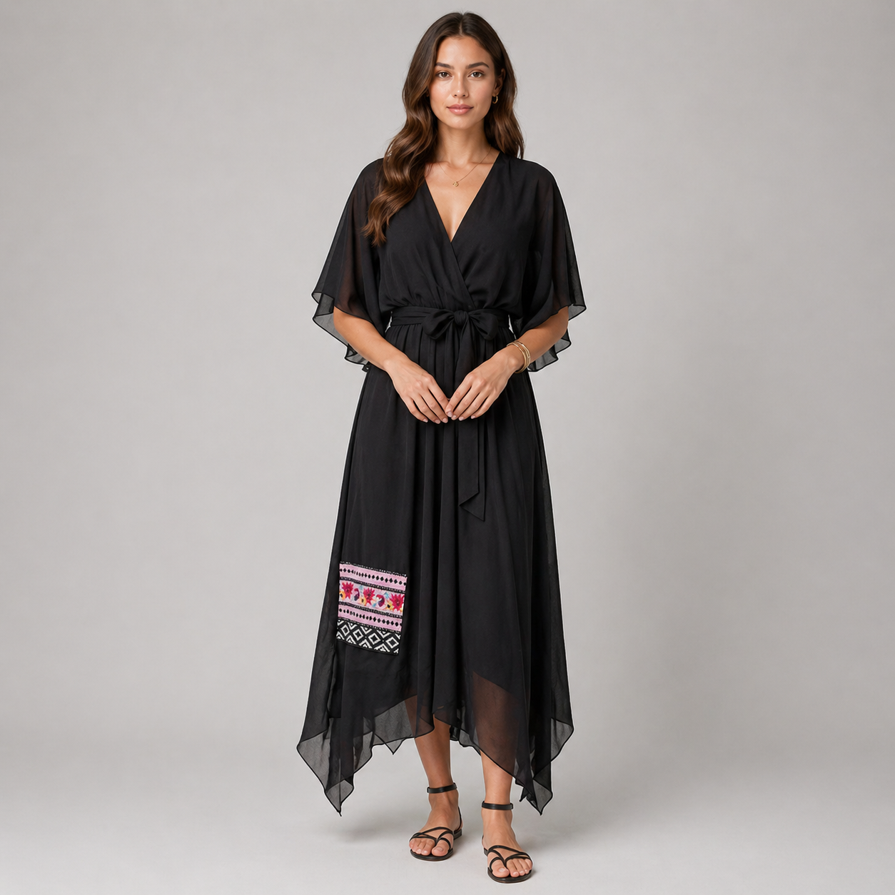 Vestido cruzado midi con cinturón y escote en pico – NAELLA