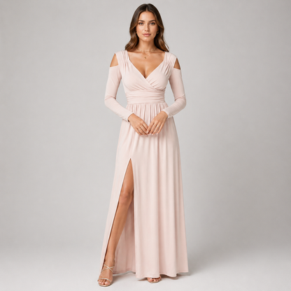 Vestido largo cruzado con abertura lateral y escote en V para invitada de boda – AMARA