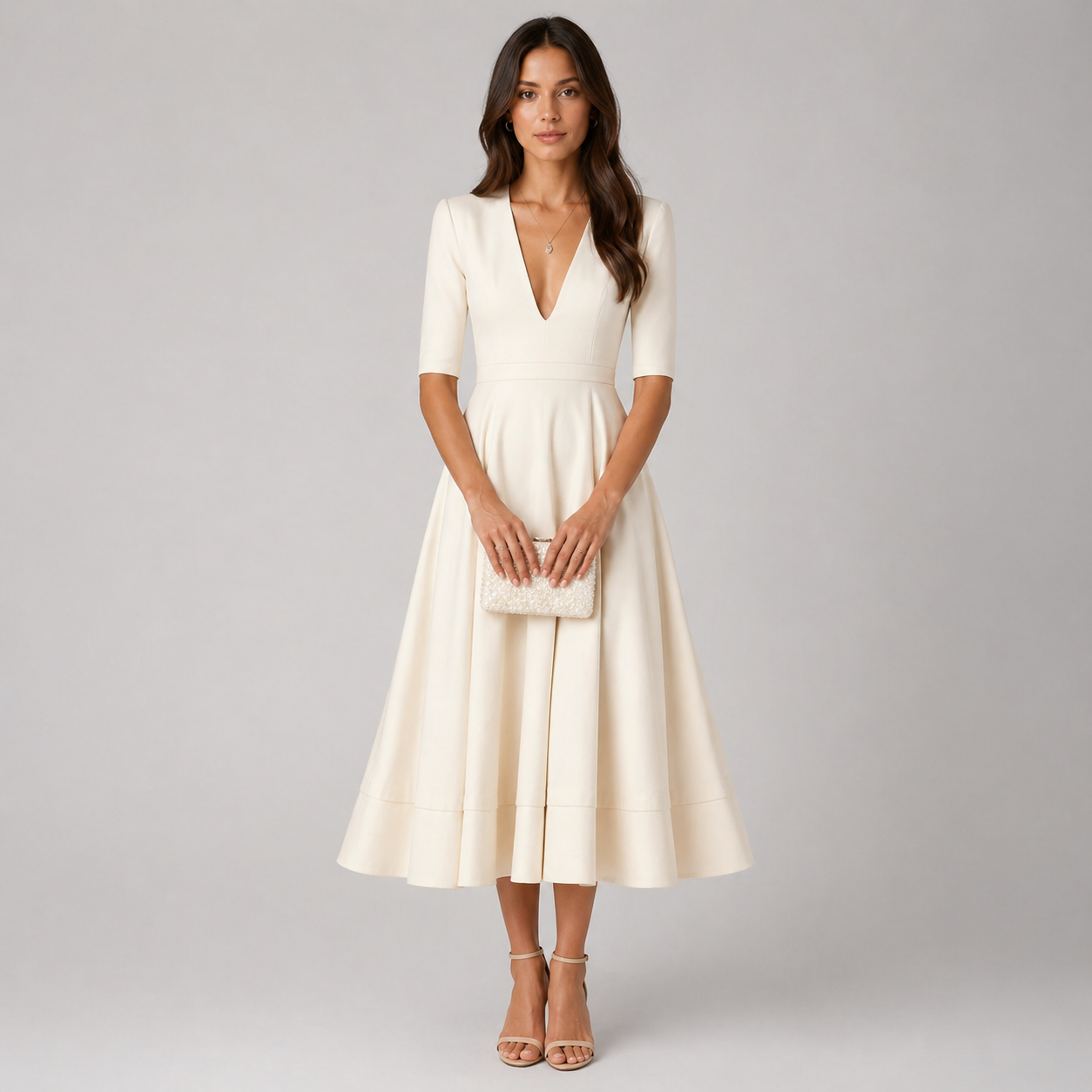 Vestido midi con escote en V y mangas al codo para mujer – MARIELA