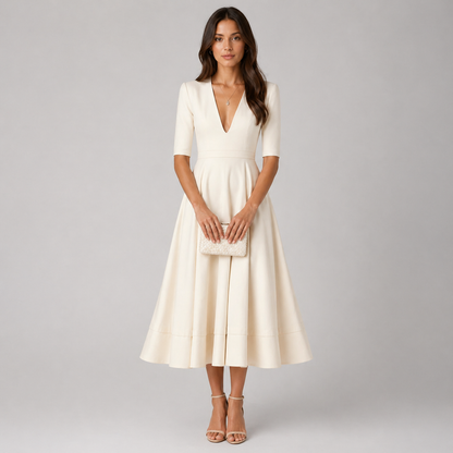 Vestido midi con escote en V y mangas al codo para mujer – MARIELA