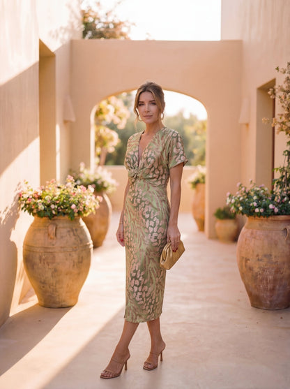 Vestido mujer midi elegante estampado – vestido fluido con lazo en la cintura