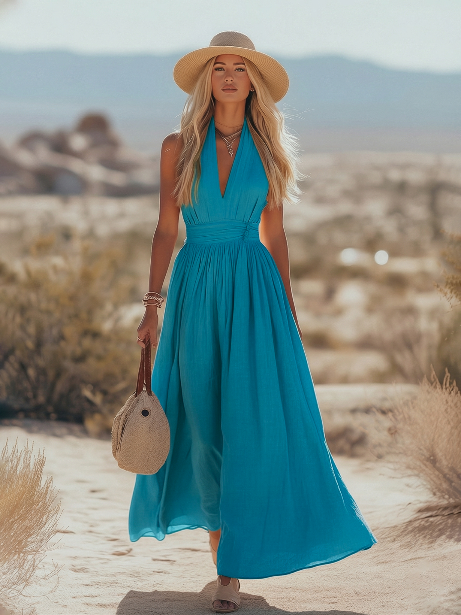 Agustina | Mujer Vestido Neckholder Sin Mangas Algodón Lino