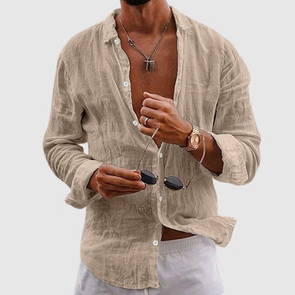 Adrián | Hombre Camisa Lino Cuello Suave Mangas Arremangadas