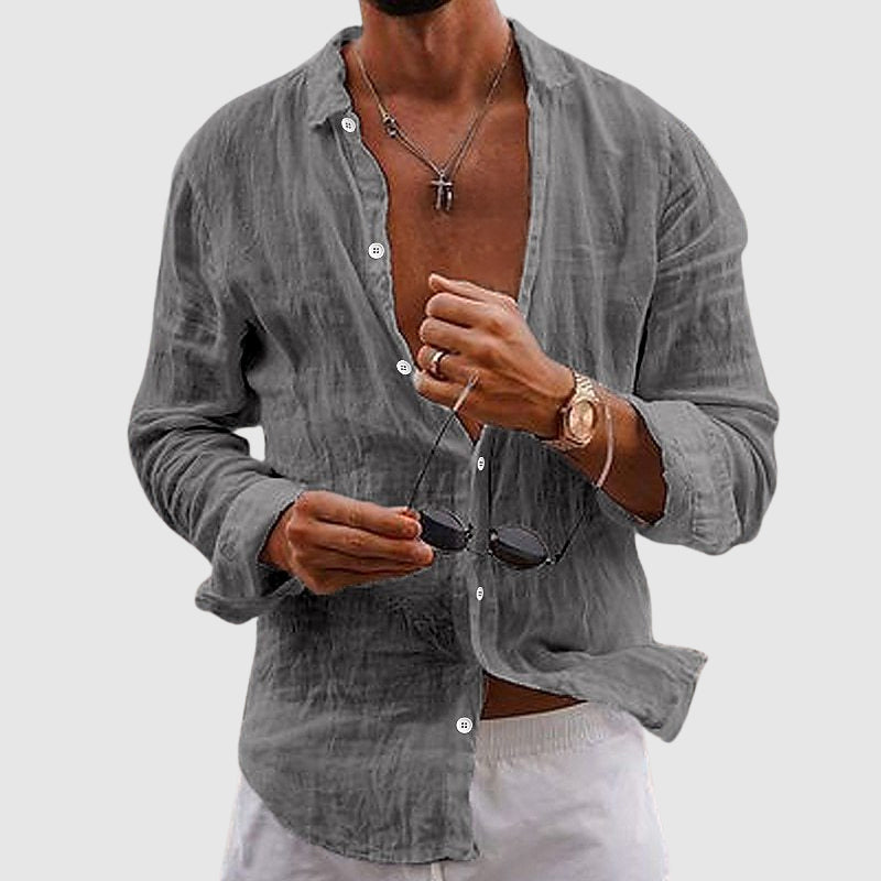 Adrián | Hombre Camisa Lino Cuello Suave Mangas Arremangadas