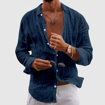 Adrián | Hombre Camisa Lino Cuello Suave Mangas Arremangadas