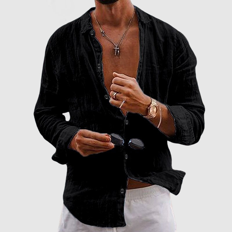 Adrián | Hombre Camisa Lino Cuello Suave Mangas Arremangadas