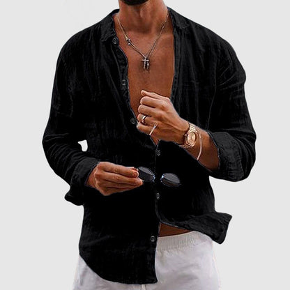Adrián | Hombre Camisa Lino Cuello Suave Mangas Arremangadas