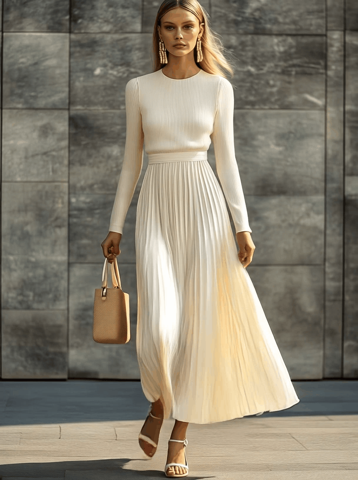 Clara | Mujer Vestido Maxi Punto Satinado Plisado