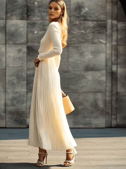 Clara | Mujer Vestido Maxi Punto Satinado Plisado